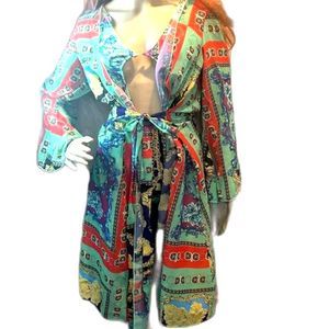 2 pc cover up and suit print gold chain tie  cover up mid length sheer NWOT S